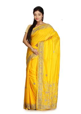 Yellow Embroidered Silk Saree With Blouse 1