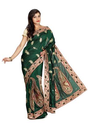 Dark Green Embroidered Silk Saree With Blouse 1