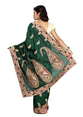 Dark Green Embroidered Silk Saree With Blouse 2