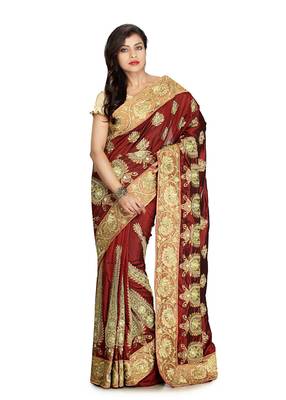 Maroon Embroidered Silk Saree With Blouse 1