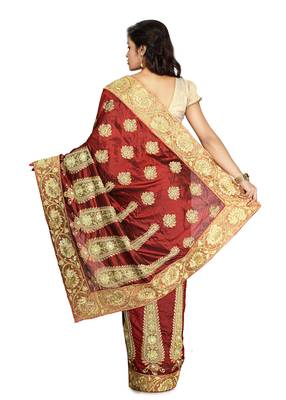 Maroon Embroidered Silk Saree With Blouse 2