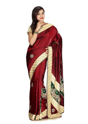 Maroon Embroidered Silk Saree With Blouse 1