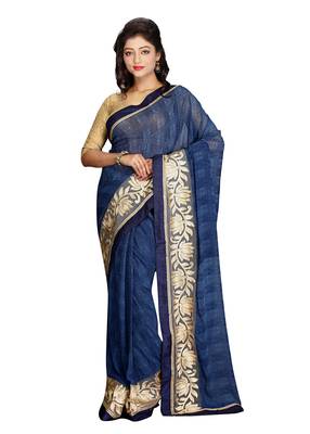 Blue Embroidered Viscose Saree With Blouse 1