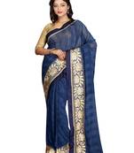 Blue Embroidered Viscose Saree With Blouse