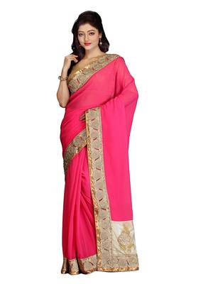 Pink Embroidered   Faux Shimmer Saree With Blouse 1