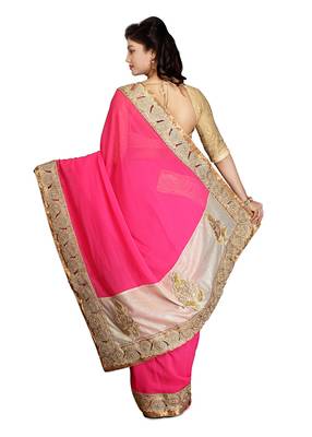 Pink Embroidered   Faux Shimmer Saree With Blouse 2