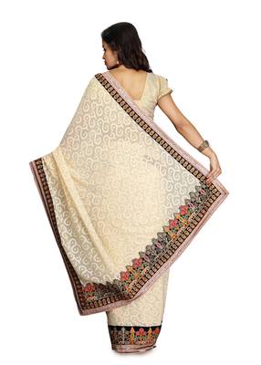 Cream Embroidered   Brasso Saree With Blouse 2