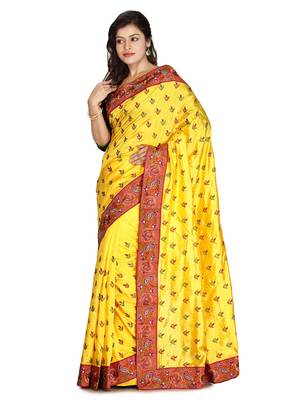 Yellow Embroidered   Raw Silk Saree With Blouse 1