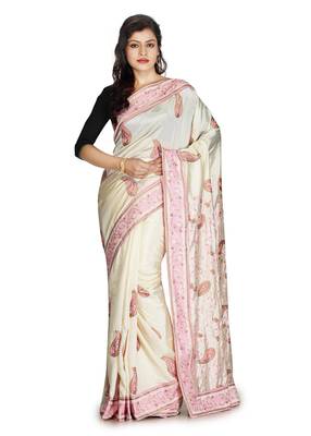 White Embroidered   Raw Silk Saree With Blouse 1