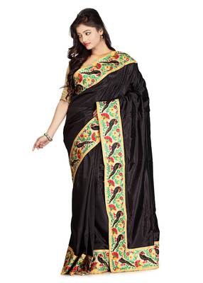 Black Embroidered   Raw Silk Saree With Blouse 1