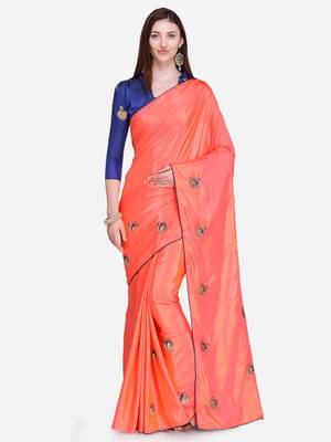 Peach Embroidered silk blend Saree With Blouse 1