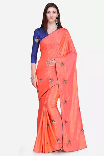 Peach embroidered silk saree with blouse