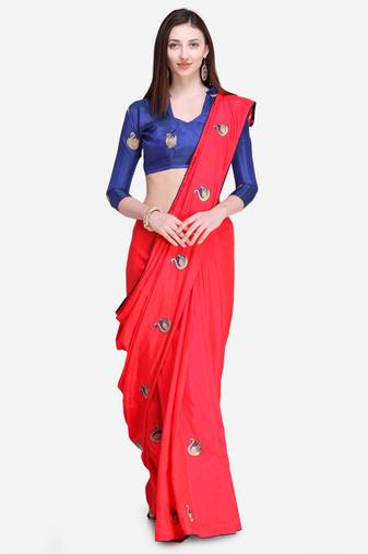 Red Embroidered silk blend Blend Saree With Blouse