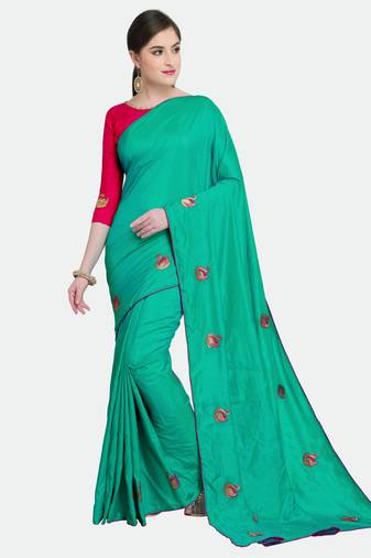 Turquoise Embroidered Silk Blend Saree With Blouse