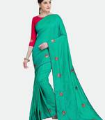Turquoise Embroidered Silk Blend Saree With Blouse