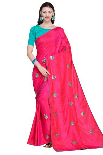 Pink Embroidered Silk Blend Saree With Blouse
