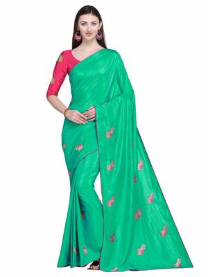 Turquoise embroidered silk blend saree with blouse 1