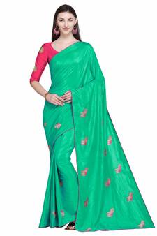 Turquoise embroidered silk saree with blouse