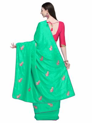 Turquoise embroidered silk blend saree with blouse 2
