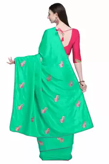 Turquoise embroidered silk blend saree with blouse