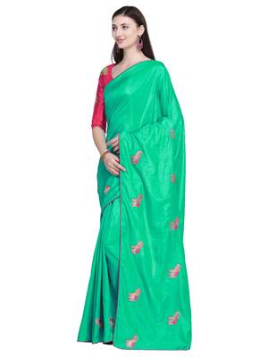 Turquoise embroidered silk blend saree with blouse 3
