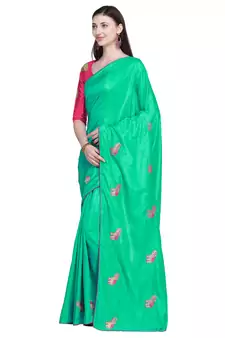Turquoise embroidered silk blend saree with blouse