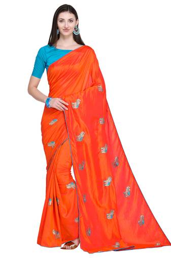 Orange Embroidered Silk Blend Saree With Blouse