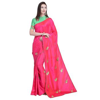 Pink embroidered silk blend saree with blouse 1