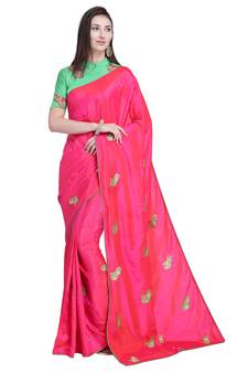 Pink embroidered silk saree with blouse