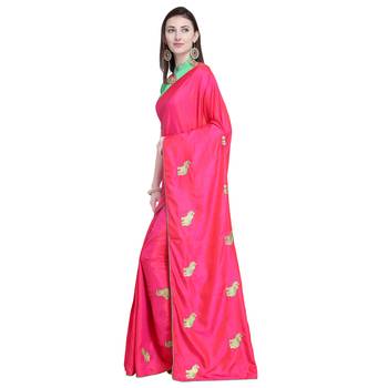 Pink embroidered silk blend saree with blouse 3