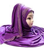 Purple Color Pearl & Diamond Stone Work Hosiery Soft Cotton Hijab Scarf Dupatta