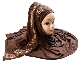Coffee Color Pearl & Diamond Stone Work Hosiery Soft Cotton Hijab Scarf Dupatta 1
