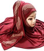 Maroon Color Pearl & Diamond Stone Work Hosiery Soft Cotton Hijab Scarf Dupatta