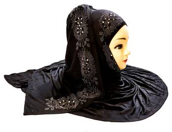 Black Color Diamond Stone Work Hosiery Soft Cotton Hijab Scarf Dupatta 1