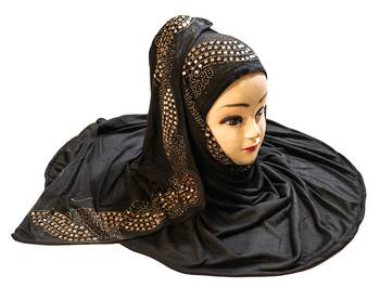Black Color Diamond Stone Work Hosiery Soft Cotton Hijab Scarf Dupatta 1