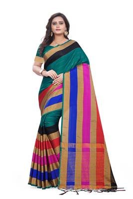 Green Plain Cotton Silk Saree With Blouse 1