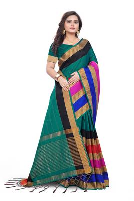 Green Plain Cotton Silk Saree With Blouse 3