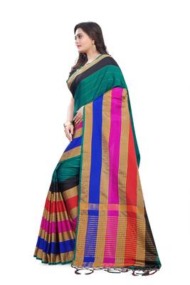Green Plain Cotton Silk Saree With Blouse 4