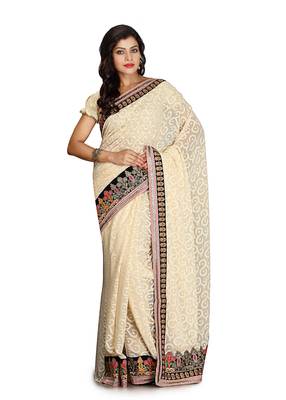 Cream Embroidered   Brasso Saree With Blouse 1