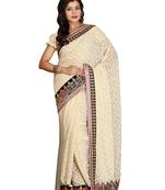 Cream Embroidered   Brasso Saree With Blouse