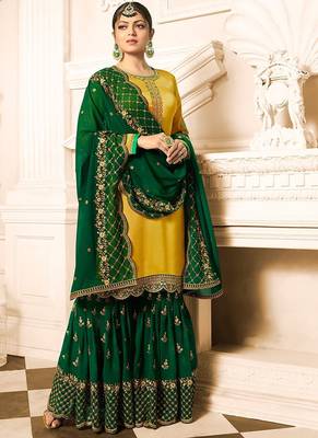 Yellow embroidered Satin & Georgette sharara suit 1