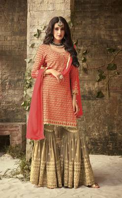 Coral embroidered georgette Sharara Suit 1