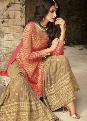 Coral embroidered georgette Sharara Suit 2
