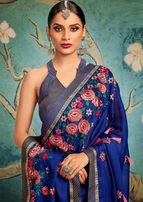 Blue embroidered art silk saree with blouse 2