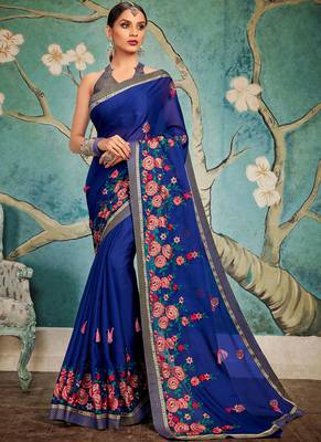 Blue embroidered art silk saree with blouse 3