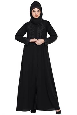 Gorgeous Black Front Open Embroidered Abaya With Black Stones 1