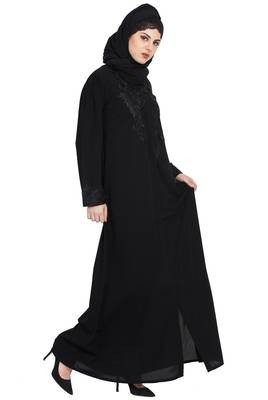 Gorgeous Black Front Open Embroidered Abaya With Black Stones 2