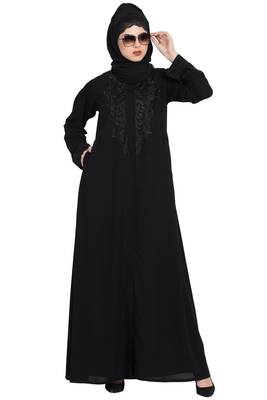 Gorgeous Black Front Open Embroidered Abaya With Black Stones 3