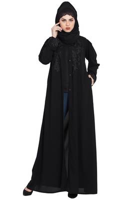 Gorgeous Black Front Open Embroidered Abaya With Black Stones 5