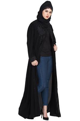 Gorgeous Black Front Open Embroidered Abaya With Black Stones 6